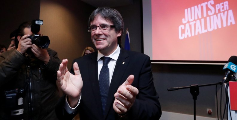 Ousted Catalan leader Carles Puigdemont attends the launch of a campaign for political platform "Junts per Catalunya" ahead of the December 21, 2017 Catalan regional election, in Oostkamp Ousted Catalan leader Carles Puigdemont attends the launch of a campaign for political platform "Junts per Catalunya" ahead of the December 21, 2017 Catalan regional election, in Oostkamp