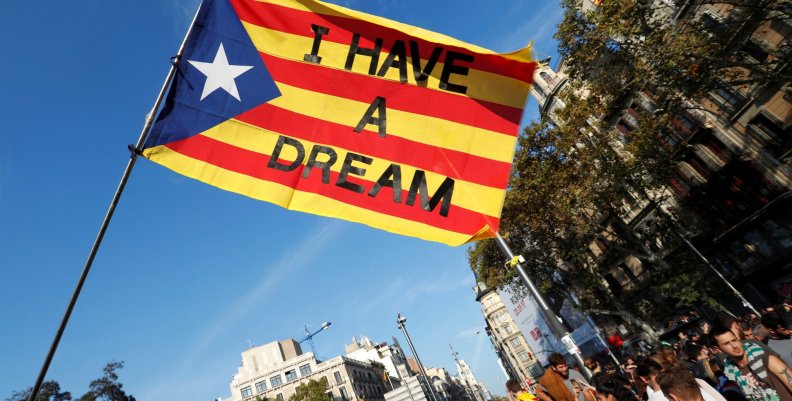 People gather near the old university of Barcelona, two days after the banned independence referendum in Barcelona